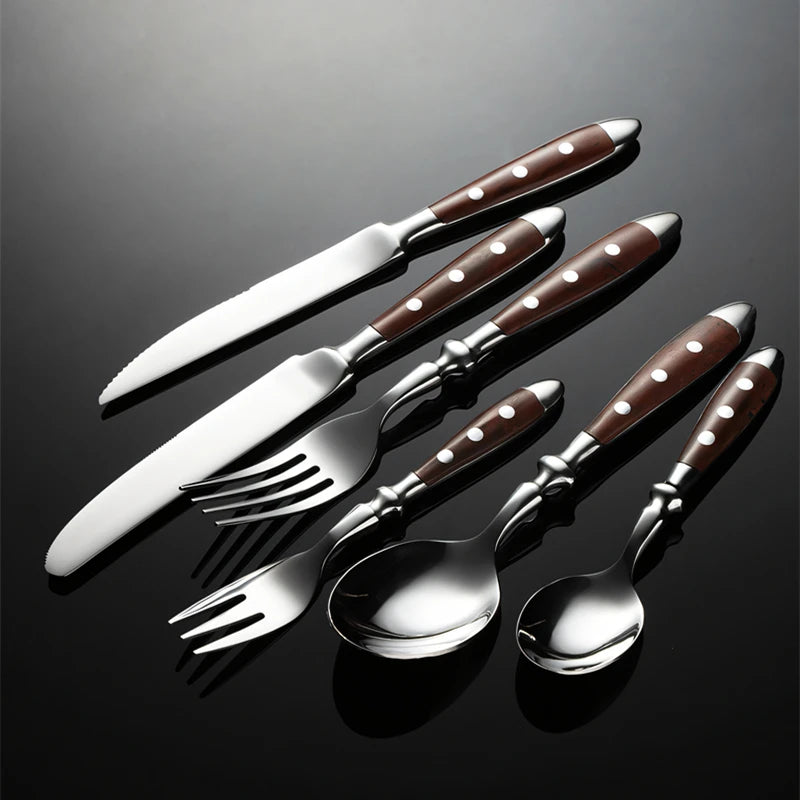 430 Stainless Steel Western Brown Cutlery Set Point Rivets Wooden Handle Dinnerware Knife Fork Spoon Teaspoon for Kitchen