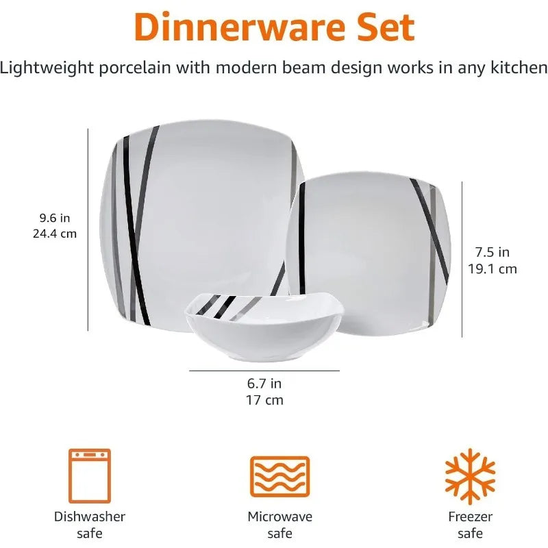 18 Piece Kitchen Dinnerware Set - Square Plates, Bowls，Service for 6 - Modern Beams