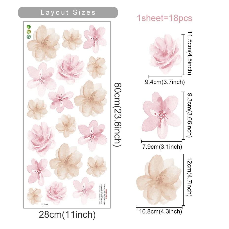 Boho Flowers Wall Stickers Watercolor Bedroom Living Room Home Decor Art Eco-frienly Removable Decals PVC Murals