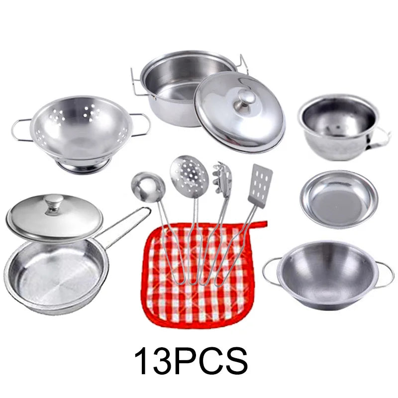 13/15/20PCS Kids Kitchen Toy DIY Pots and Pans Mini Stainless Steel Cookware Pretend Cooking Utensils Toy Set