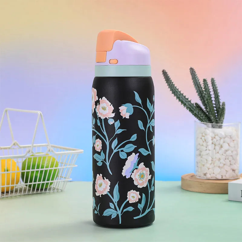 Hot Selling 304 Stainless Steel Insulated Bottle Fashionable Cartoon Pattern Sports Kettle Large Capacity Portable Handheld Cup