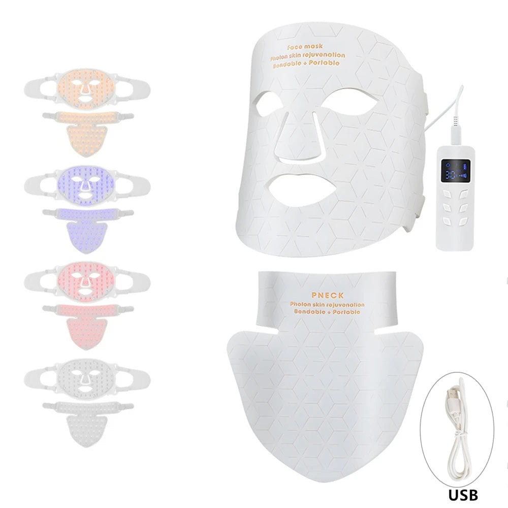 Silicone LED Mask Face With Neck 4 Colors LED Light Photon Infrared Therapy Flexible Facial Mask Repair Skin Brighten Skin Tone