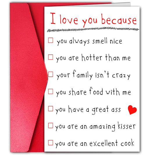 1pc, funny anniversary card, love card for boyfriend, girlfriend, husband, wife. Reasons I love you card.