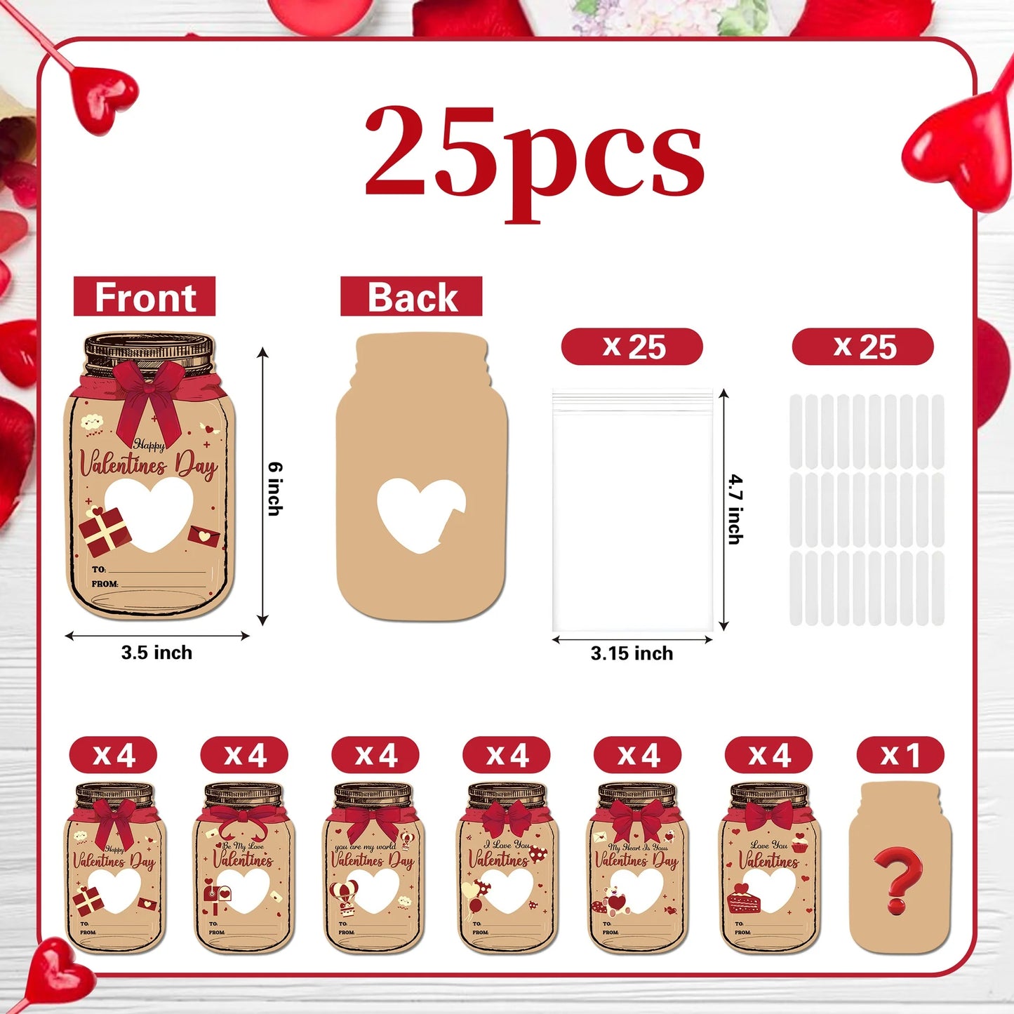 25/50Pcs Happy Valentine's Day Paper Cards Paper Jar Bottles Shaped Card with Candy Packing Bag Valentine's Day Party Gift Decor