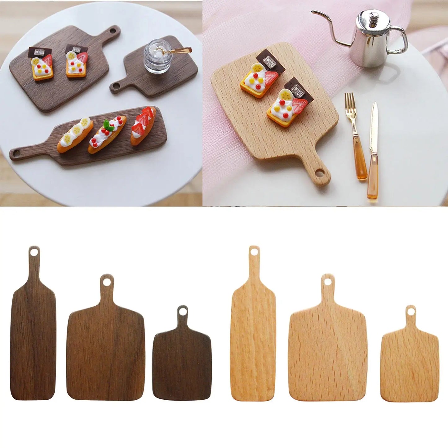 Set of 3Pcs 1:6 1:12 Scale Doll House Wooden Kitchen Cutting Board Kit Pretend Playing Toy Accessory Mini Bread Vegetables Board