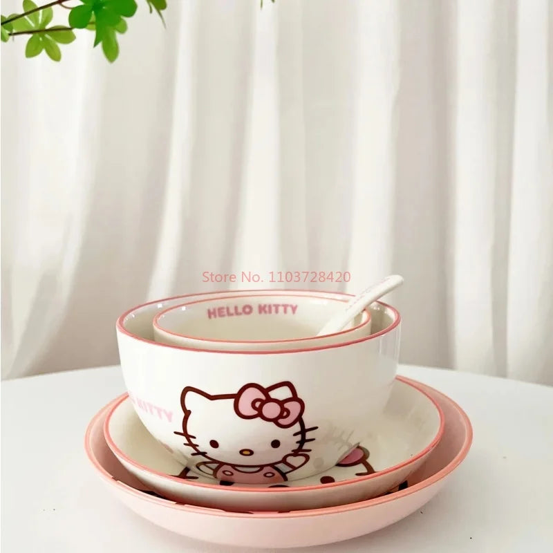 Hot Sale Sanrio Tableware Hello Kitty Bowl Spoon Plate Cartoon Kawaii Ceramic Tableware Kitchen Set Food Storage Household Gifts