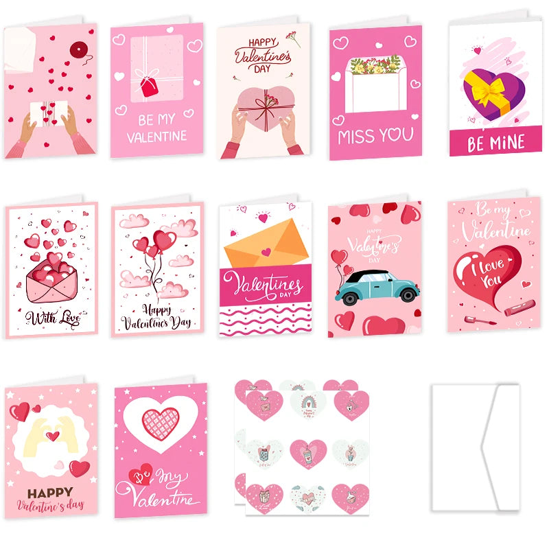 26pcs/set Valentines Day Fold Greeting Cards with Envelopes And Heart Stickers Valentines Day Party Supplies Wedding Party Decor