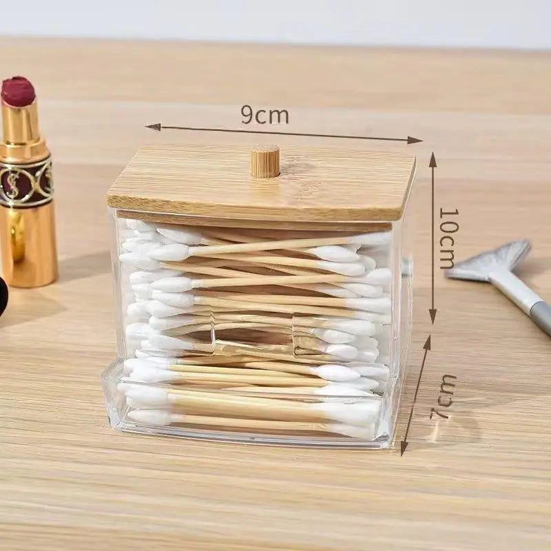 1 Household Cotton Swab Storage Tank, Acrylic Square Bamboo Cover Storage Box, Suitable For Bathroom, Bedroom, Transparent