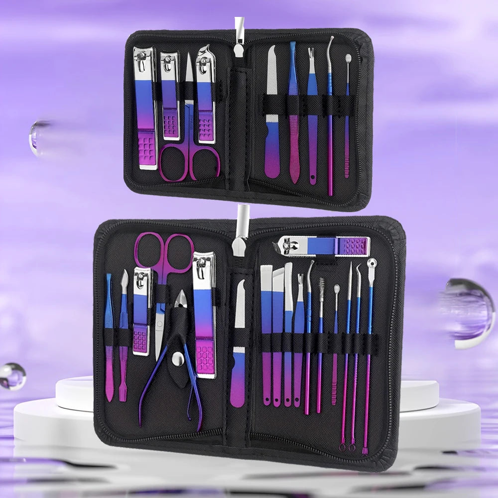 Manicure Set, Stainless Steel Gradient Professional Pedicure Kit Nail Scissors Grooming Kit With Travel Case