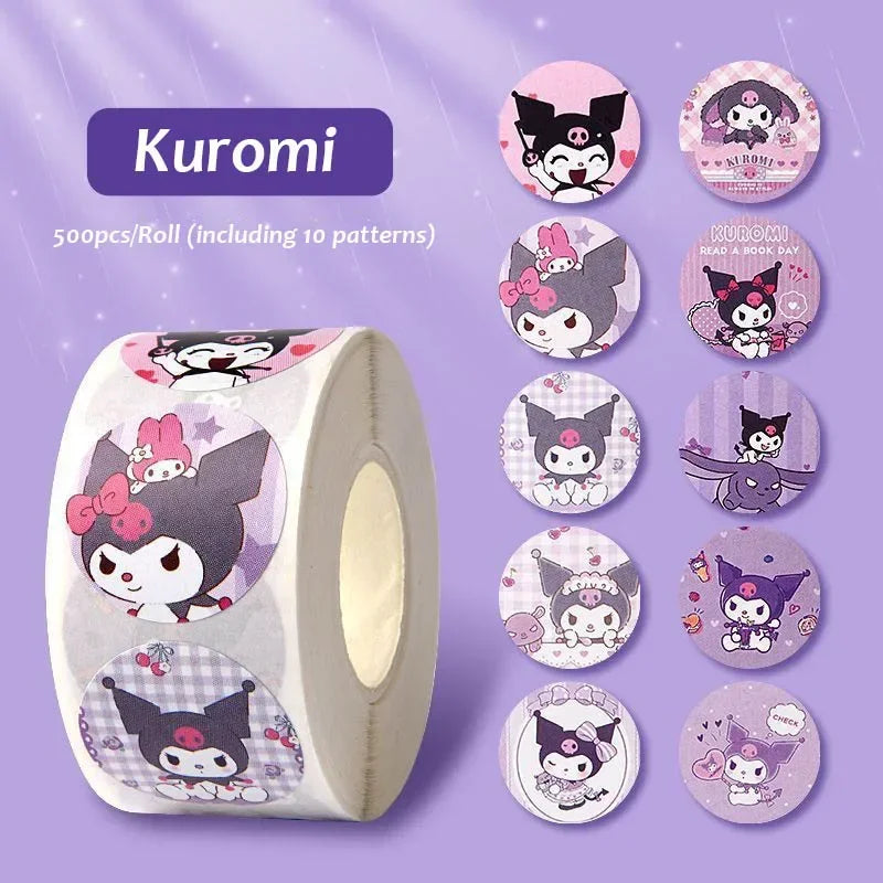 500pcs/Roll Cartoon Sanrio Stickers Kawaii Hello Kitty Kuromi Melody DIY Pvc Laptop Decals Decoration Kid Reward Gift Toy