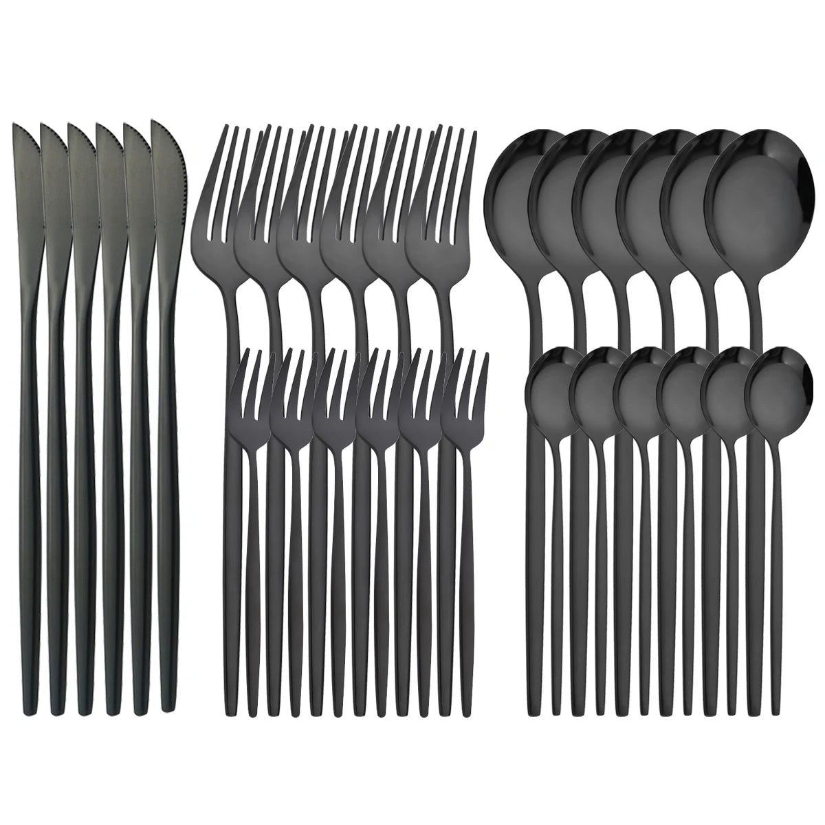 30pcs Black Silver Cutlery Set Knife Fruit Forks Cake Fork Tea Spoon Dinnerware Stainless Steel Tableware Set Party Kitchen Tool