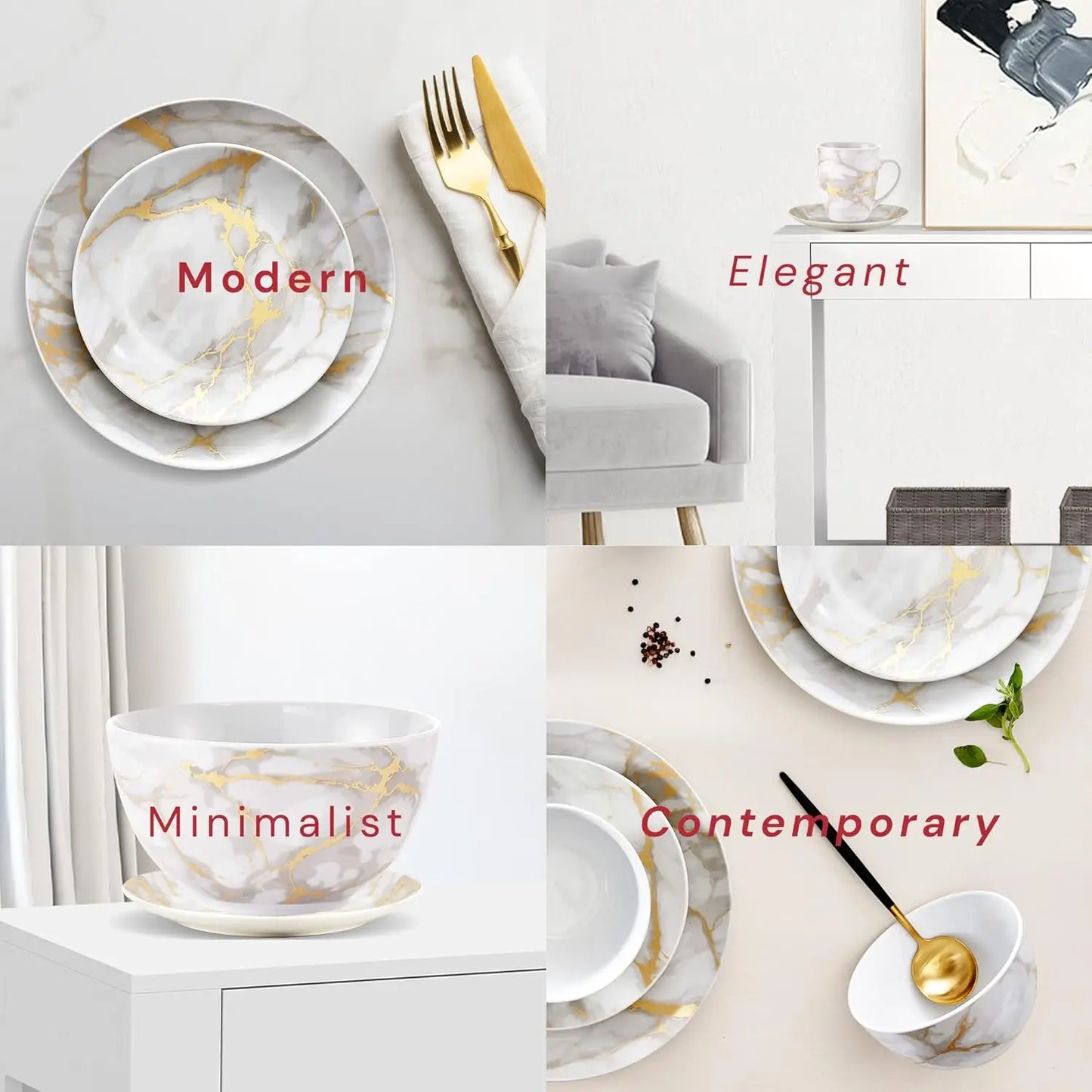 Marble Plates and Bowls Sets, Modern Kitchen 16-Piece Dinnerware Sets