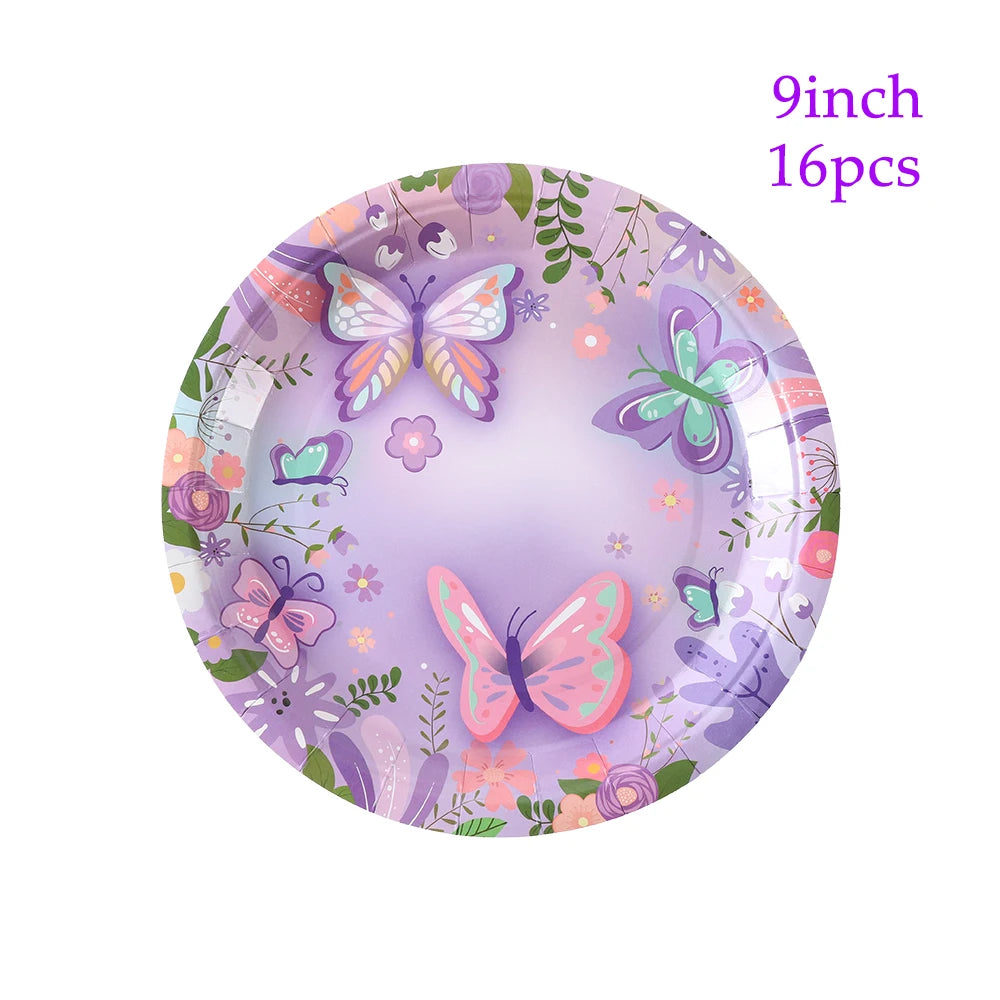 Pink Purple Butterfly Disposable Tableware Paper Plate Cup Napkin Banner Butterfly Birthday Party Decor Baby Shower Wedding Supp