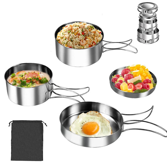 4PCS Camping Cookware Set Stainless Steel Outdoor Camping Cookware Set Camping Kitchen Stainless Steel Camping Pots Pans Cooking