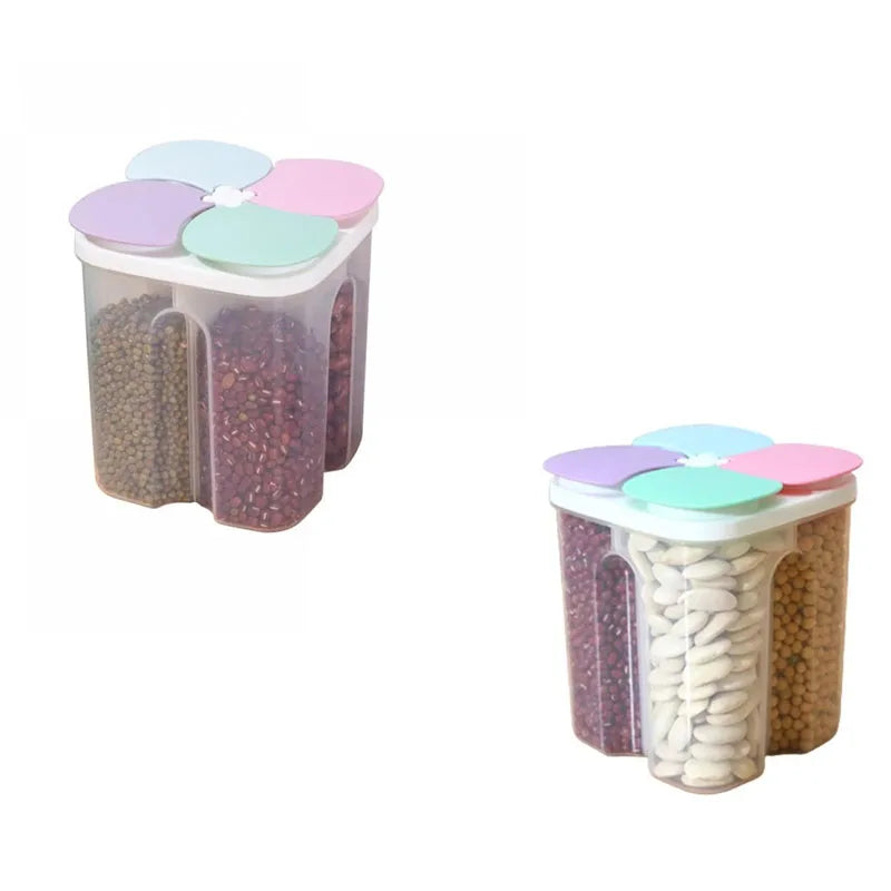 Multifunctional 4 Grid Food Storage Container Airtight Cereal Dispenser Snack Storage Box for Dry Food Kitchen Pantry Organizer