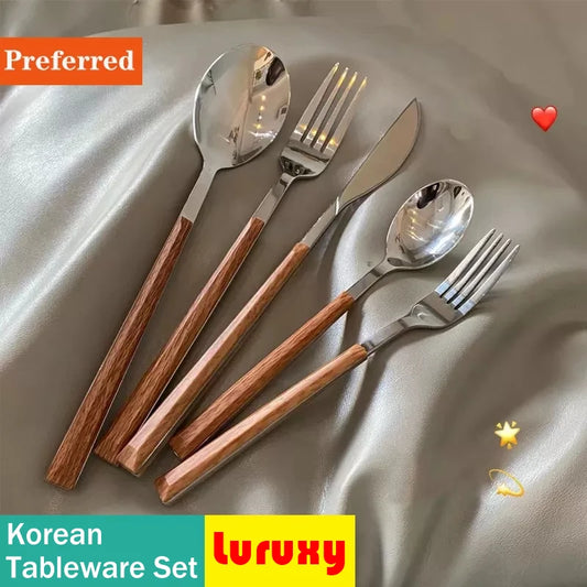 Wood Handle Cutlery Set Korean Stainless Steel Tableware Set Kitchen Knife Fork Spoon Chopsticks Dinnerware Set Tableware Set