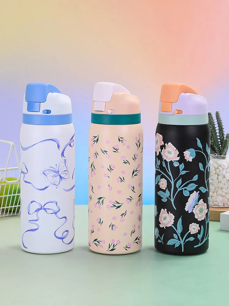 Hot Selling 304 Stainless Steel Insulated Bottle Fashionable Cartoon Pattern Sports Kettle Large Capacity Portable Handheld Cup