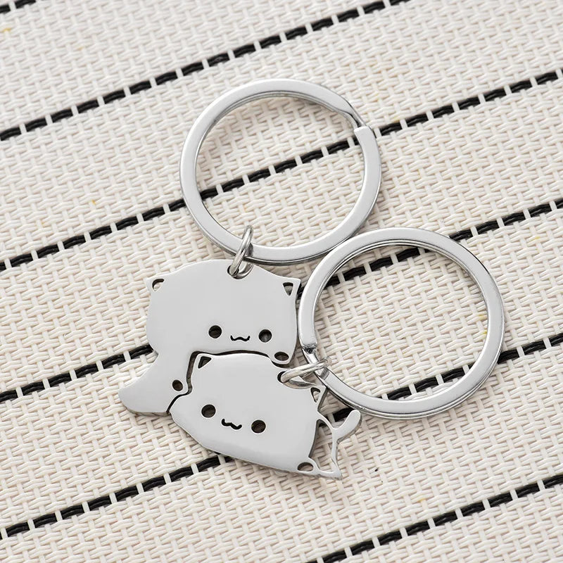 Cute Matching Cat Keychain Couple Stainless Steel Key Ring Lovely Animal Key Chain Pendants Lovers Valentine's Day Gift Jewelry