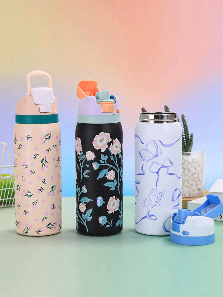 Hot Selling 304 Stainless Steel Insulated Bottle Fashionable Cartoon Pattern Sports Kettle Large Capacity Portable Handheld Cup