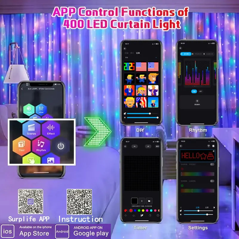 400LEDs Smart Curtain Lights Bluetooth App LED String RGB Fairy Lights DIY Music Change Display for Window Bedroom Decoration