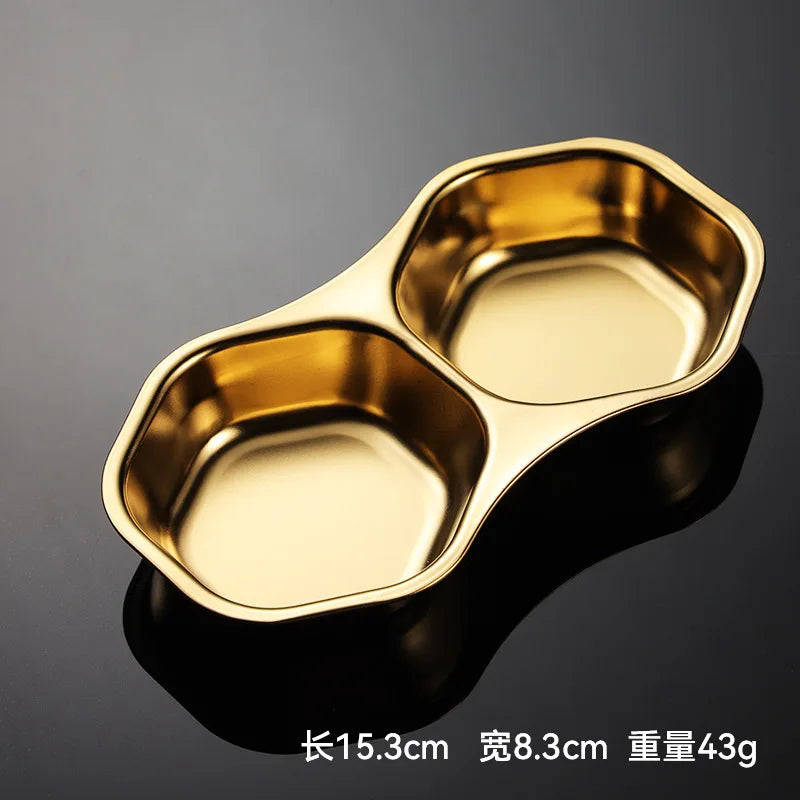 2 Grid Stainless Steel Sauce Dish Divided Seasoning Plate Hot Pot Dipping Bowl Vinegar Soy Spice Condiment Trays for Kitchen