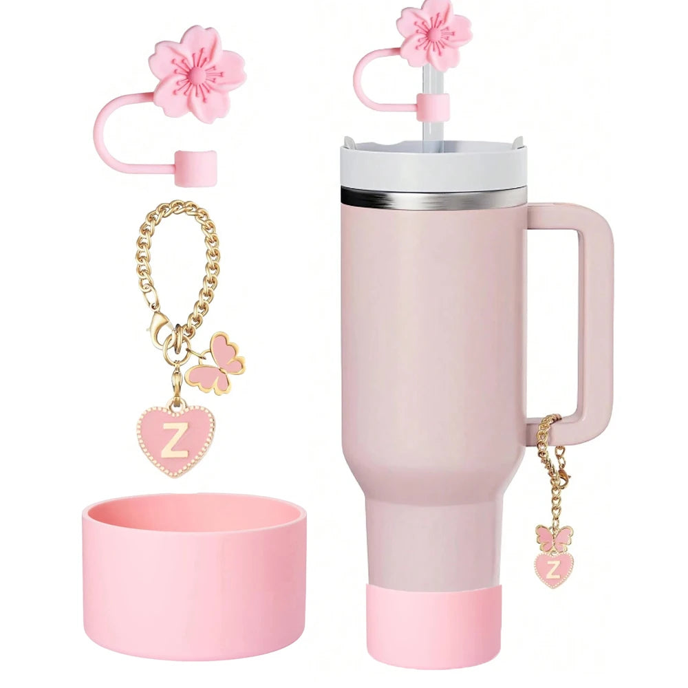 3pcs Accessories Set for Stanley Cup 30oz 40oz Tumbler, Initial Heart Charm,10mm Flower Cap Topper Cover Silicone Boot for Gift