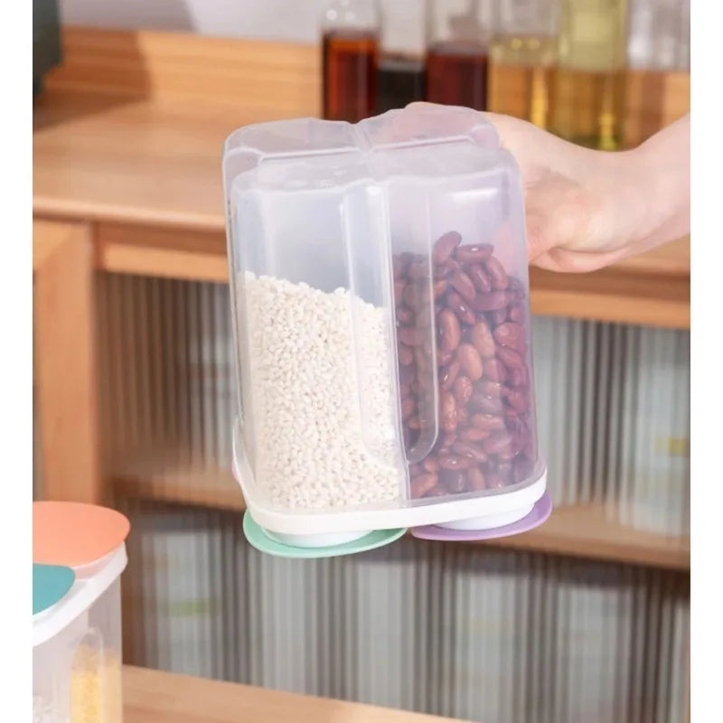 Multifunctional 4 Grid Food Storage Container Airtight Cereal Dispenser Snack Storage Box for Dry Food Kitchen Pantry Organizer