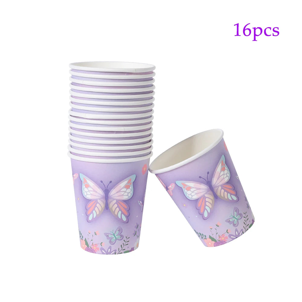 Pink Purple Butterfly Disposable Tableware Paper Plate Cup Napkin Banner Butterfly Birthday Party Decor Baby Shower Wedding Supp