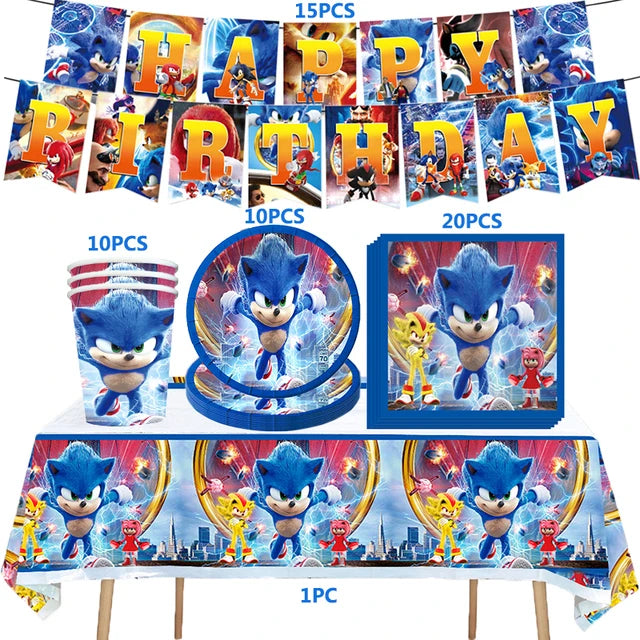 Kit Sonic Party Supplies Boys Birthday Party Paper Tableware Set Paper Plate Cup Napkins Baby Shower Decorations Sonic Gift Bags