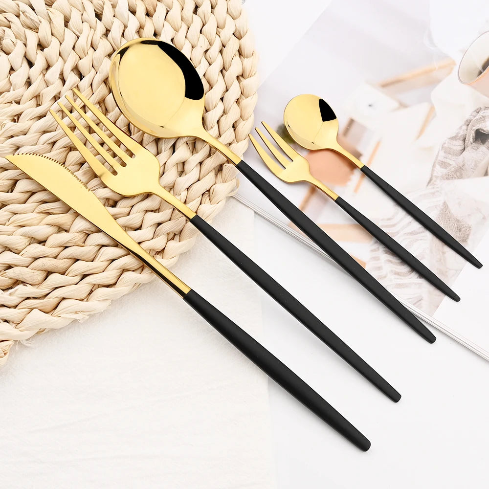 30pcs Black Silver Cutlery Set Knife Fruit Forks Cake Fork Tea Spoon Dinnerware Stainless Steel Tableware Set Party Kitchen Tool