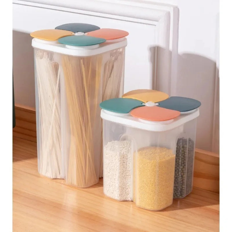 Multifunctional 4 Grid Food Storage Container Airtight Cereal Dispenser Snack Storage Box for Dry Food Kitchen Pantry Organizer