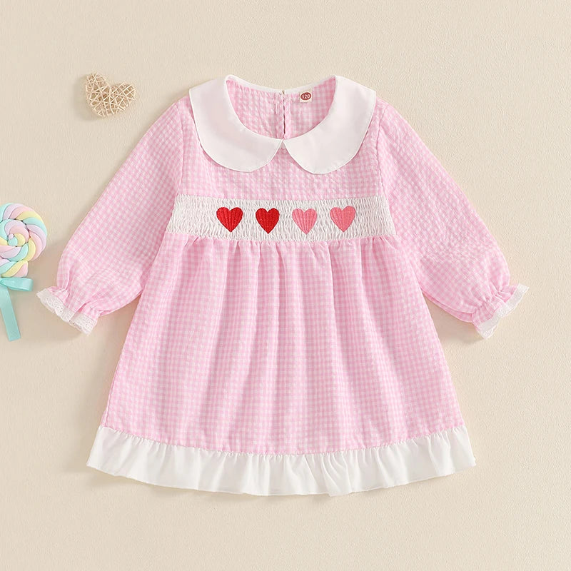 Baby Girl Valentines Day Dress Love Heart Embroidery Smocked Bubble Dress Infant Birthday Party Casual Dress Clothes