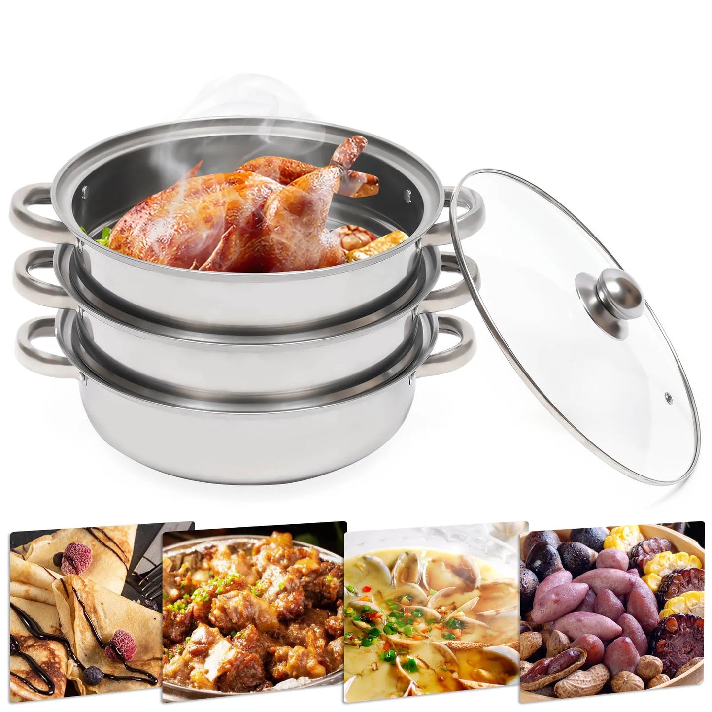 3 Tiers Stainless Steel Steamer 28cm Overlapping Steaming Pot Cookware Kitchen Soup Steamer Cooker Set Silver with Glass Lid