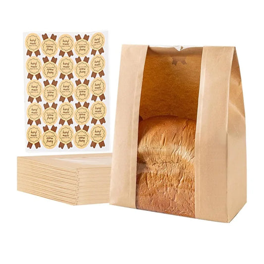 25/50/100pcs Large Paper Bread Bags With Windows For Packaging Storage Of Baked Goods, Including Label Sealing Stickers