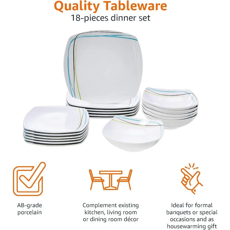 18 Piece Kitchen Dinnerware Set - Square Plates, Bowls，Service for 6 - Modern Beams