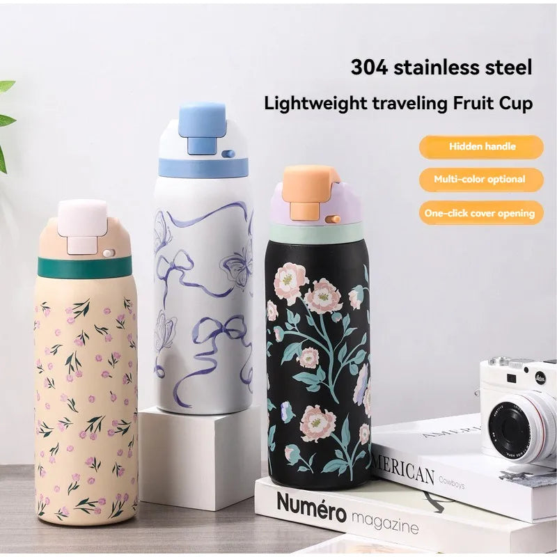 Hot Selling 304 Stainless Steel Insulated Bottle Fashionable Cartoon Pattern Sports Kettle Large Capacity Portable Handheld Cup