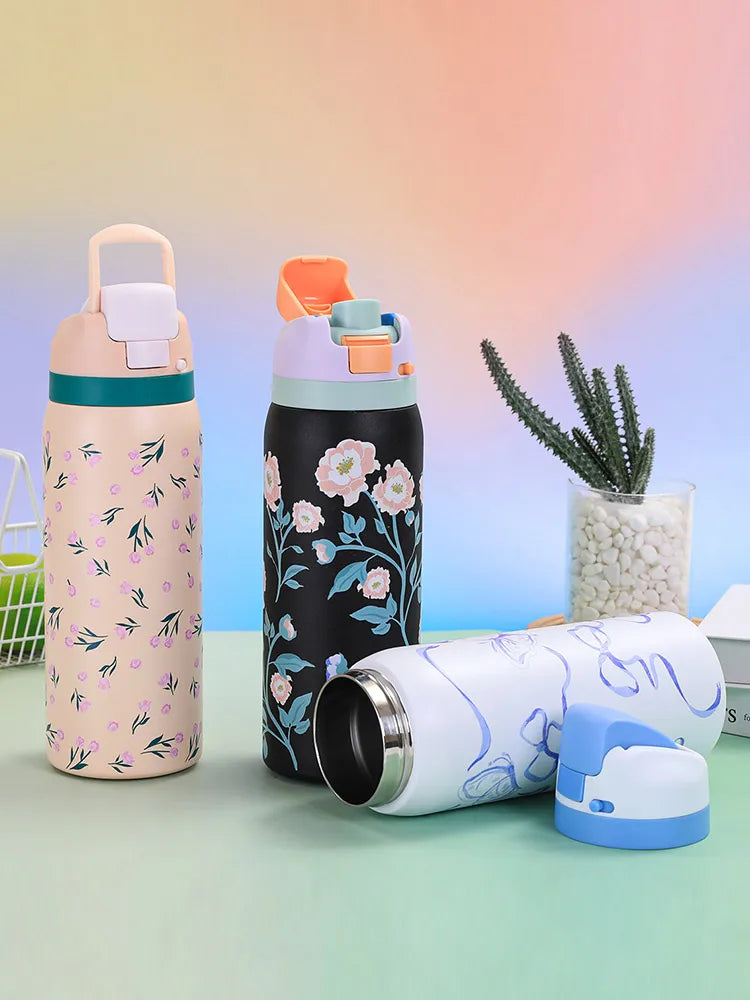 Hot Selling 304 Stainless Steel Insulated Bottle Fashionable Cartoon Pattern Sports Kettle Large Capacity Portable Handheld Cup