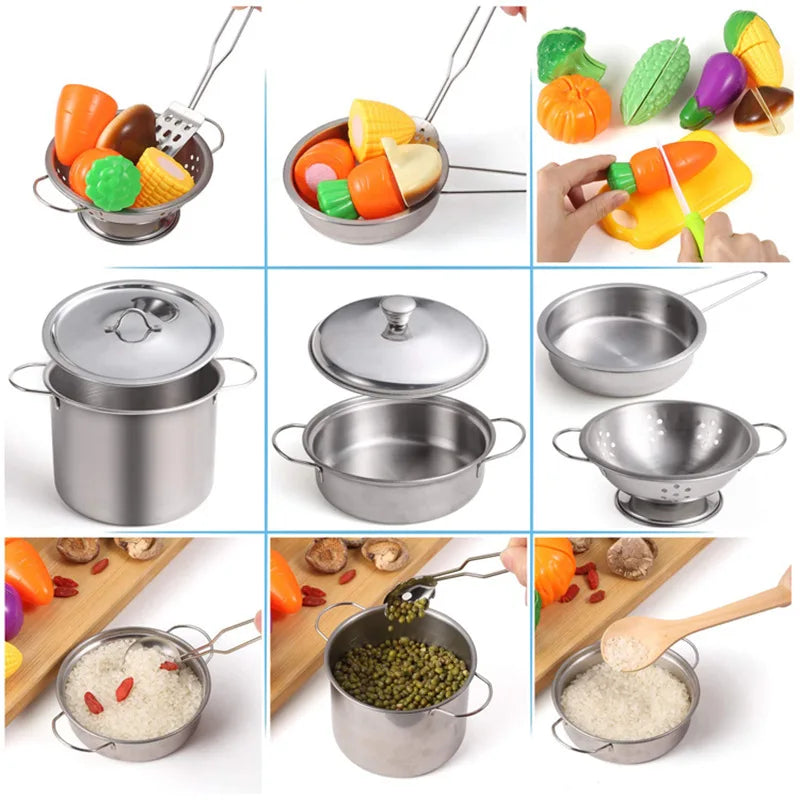 13/15/20PCS Kids Kitchen Toy DIY Pots and Pans Mini Stainless Steel Cookware Pretend Cooking Utensils Toy Set