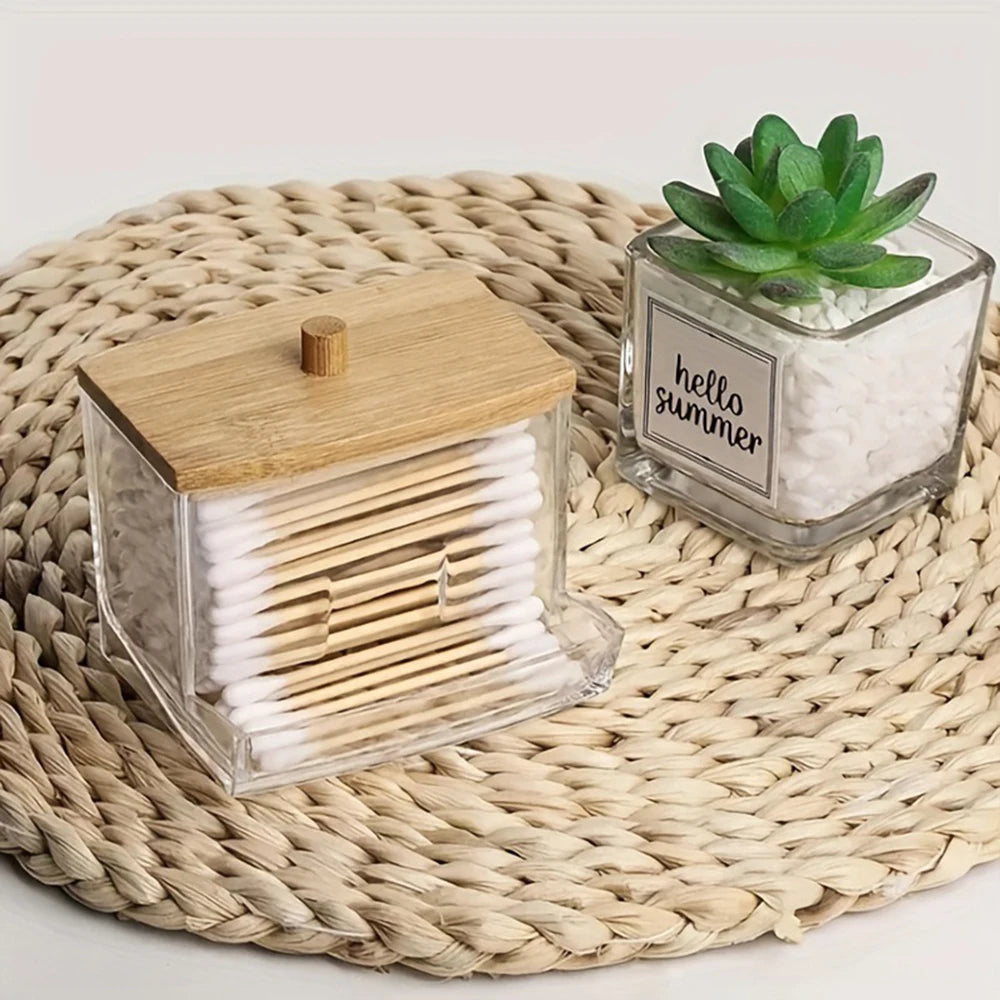 1 Household Cotton Swab Storage Tank, Acrylic Square Bamboo Cover Storage Box, Suitable For Bathroom, Bedroom, Transparent