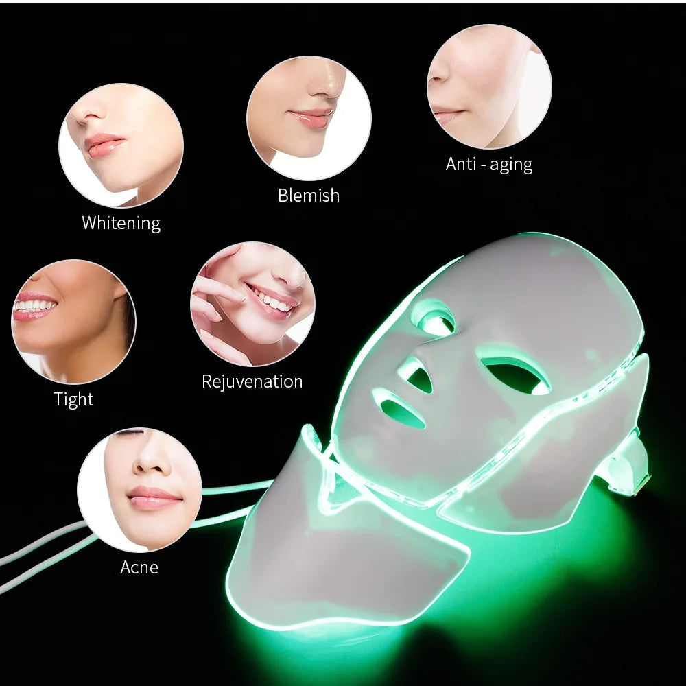 GIFT BOX- Neck+Face LED Mask 7 Colors Light LED Beauty Mask Skin Rejuvenation Anti Acne Photon Therapy Whitening Tightening