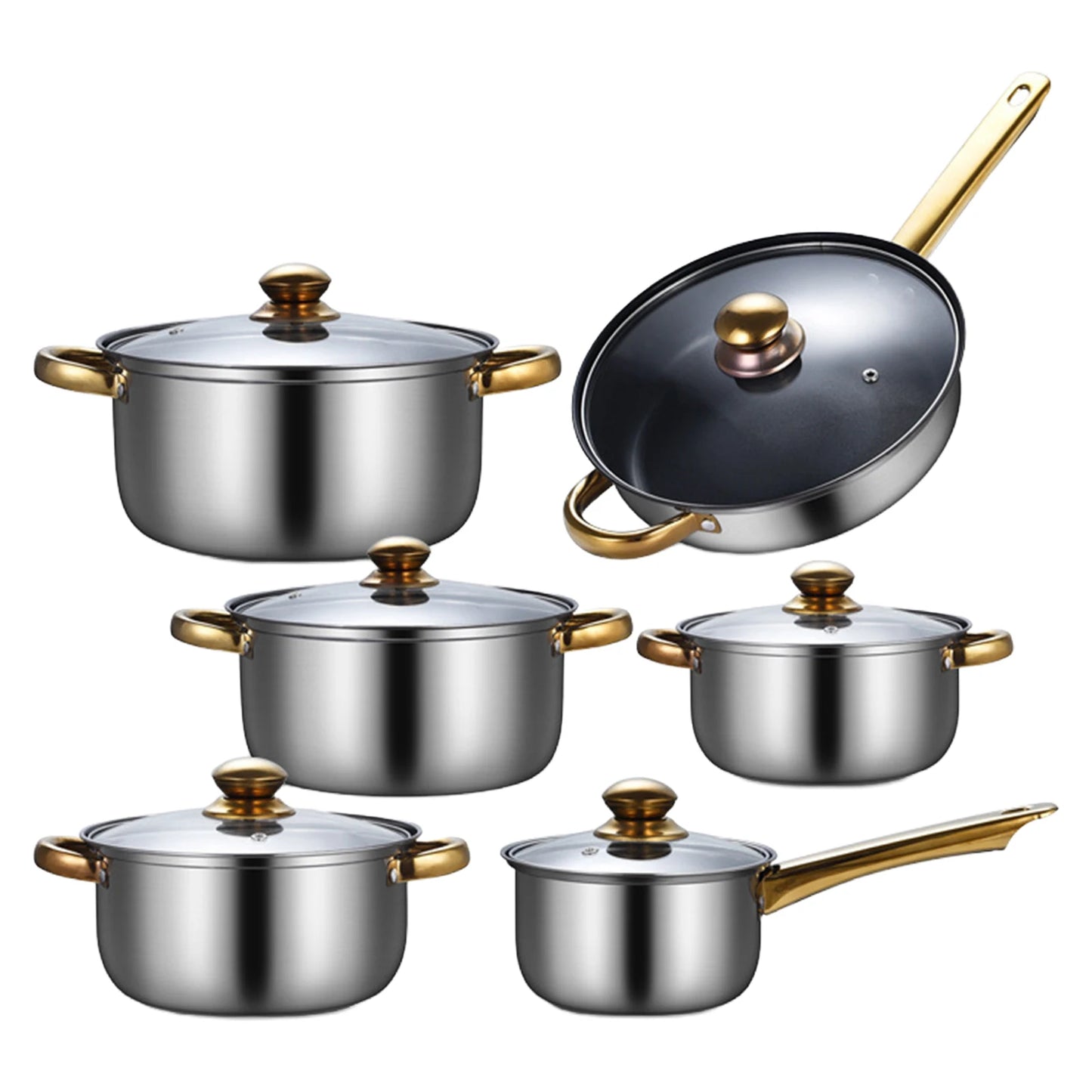 6x Kitchen Stainless steel Cooking Set Ergonomic Handle with Glass Lid Saucepan Portable Pots and Pans Nonstick Kitchen Utensils