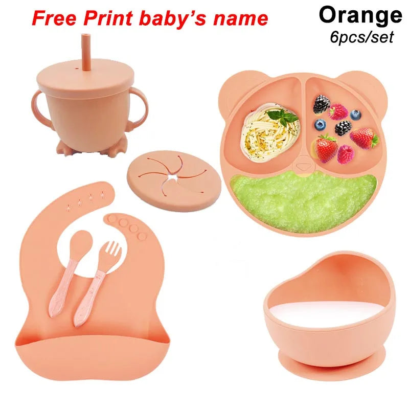 Baby Feeding Plate Sets Suction Bowl Silicone Plate For Kids 6Pcs Children Tableware Personalized Name Dinner Dishes Cups Spoon