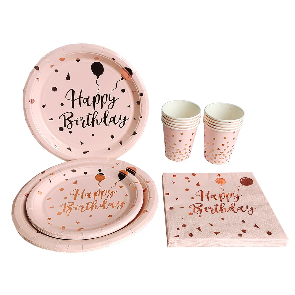 Birthday Disposable Tableware Set Pink Rose Gold White Plates Cups Napkins Tablecloth Girl Birthday Party Decoration Baby Shower