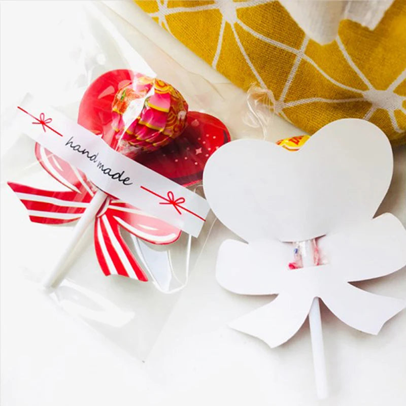 50pcs Red Heart Bow Lollipop Decorating Cards For Valentine's Day Wedding Birthday Party Supplies Candy Decorations Favors Gift