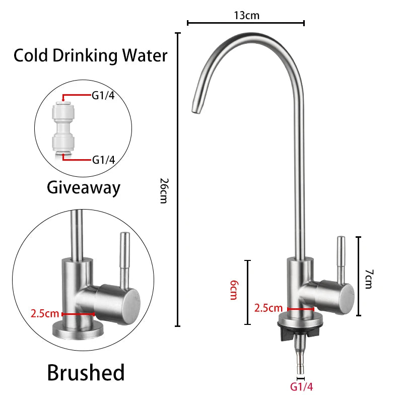 ULA 1/4"Kitchen Filtered Faucet Stainless Steel Direct Purifier Direct Drinking Tap Single Cold Water Sink Faucet Black/Brushed