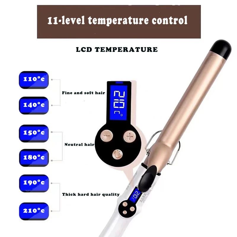 Temperature Setting Electric Hair Curler Long Curling Tong Wand 9-38mm Professional Hair Curling Iron LCD Screen