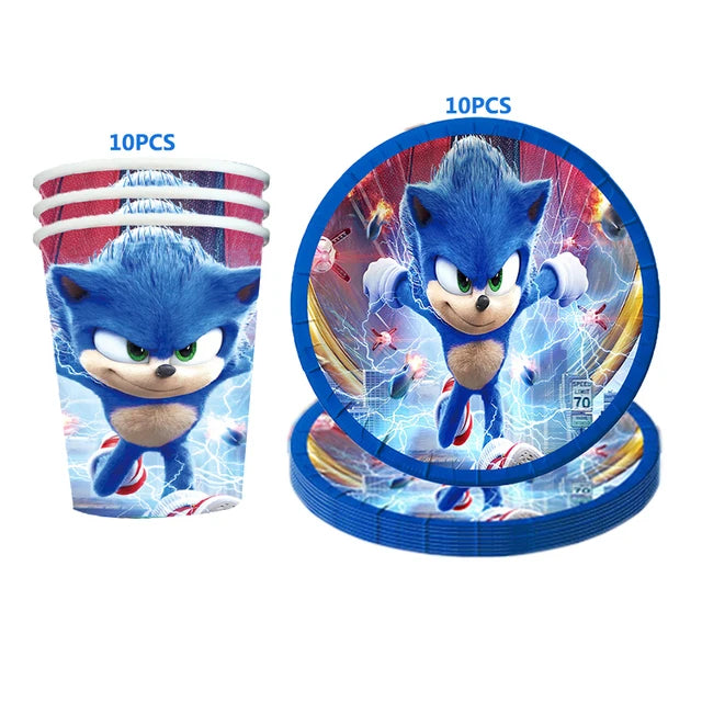 Kit Sonic Party Supplies Boys Birthday Party Paper Tableware Set Paper Plate Cup Napkins Baby Shower Decorations Sonic Gift Bags