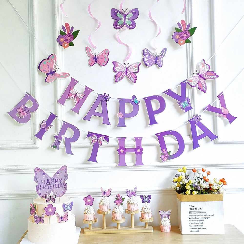 Pink Purple Butterfly Disposable Tableware Paper Plate Cup Napkin Banner Butterfly Birthday Party Decor Baby Shower Wedding Supp