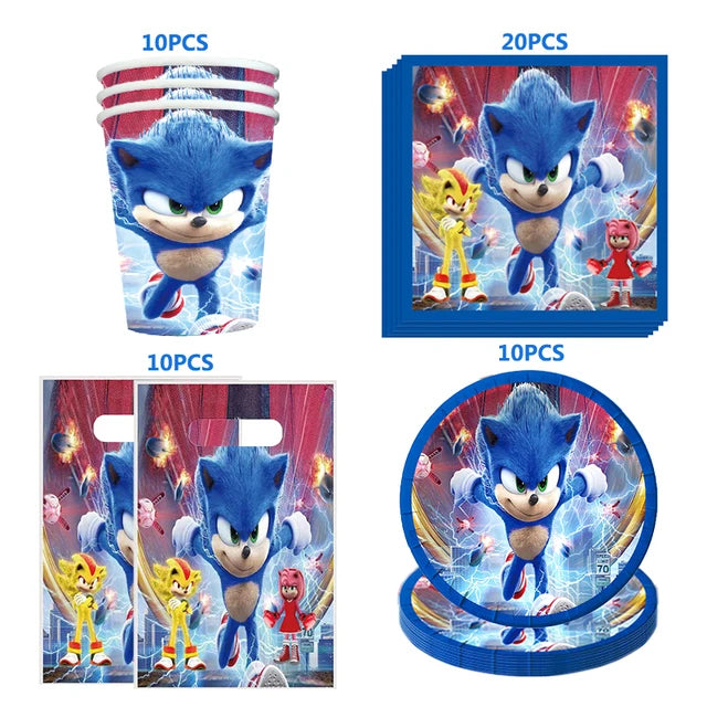 Kit Sonic Party Supplies Boys Birthday Party Paper Tableware Set Paper Plate Cup Napkins Baby Shower Decorations Sonic Gift Bags