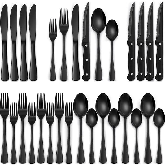 Black Silverware Set with Steak Knives, Flatware Set for 4, Food-Grade Tableware, Cutlery Set, Mirror Finished Utensil Sets